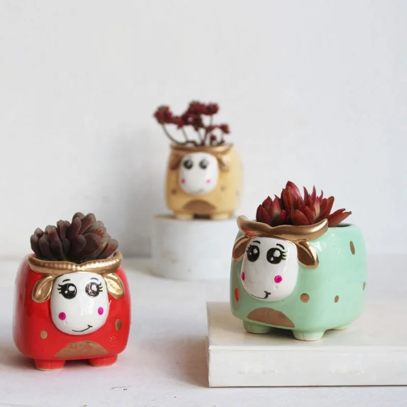 

Succulent Flower Pot Cute Cartoon Animal Gold Cow Ceramic Flower Pot