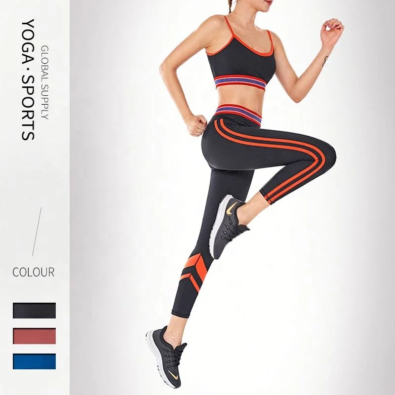 

VOOGUE Female Sexy Quick-drying Striped Color Contrast Yoga Pants Camisole Suit Two-piece Gym Running Set, Shown