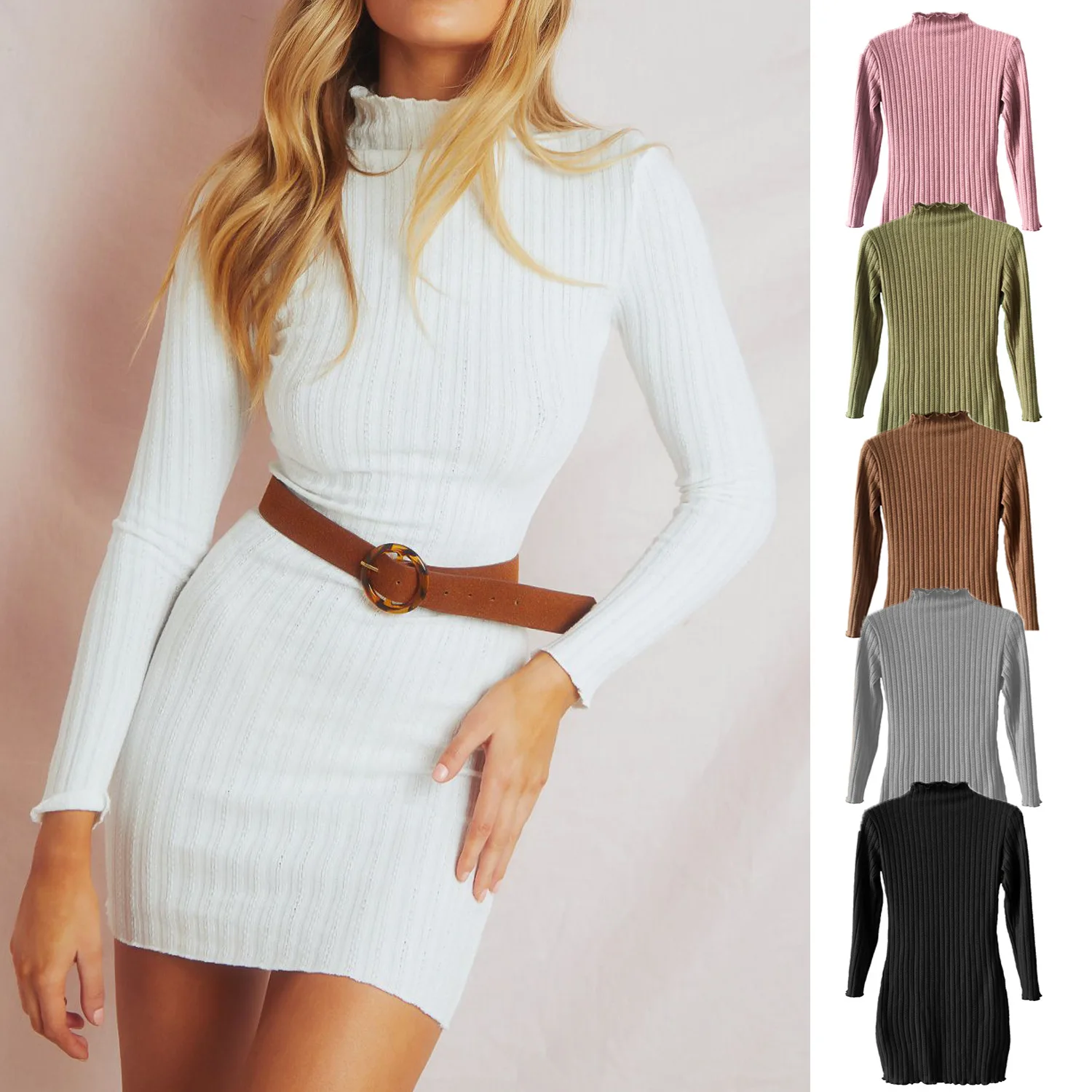 

2022 cheap casual spring long sleeve bodycon mini rib knit sweater dress women