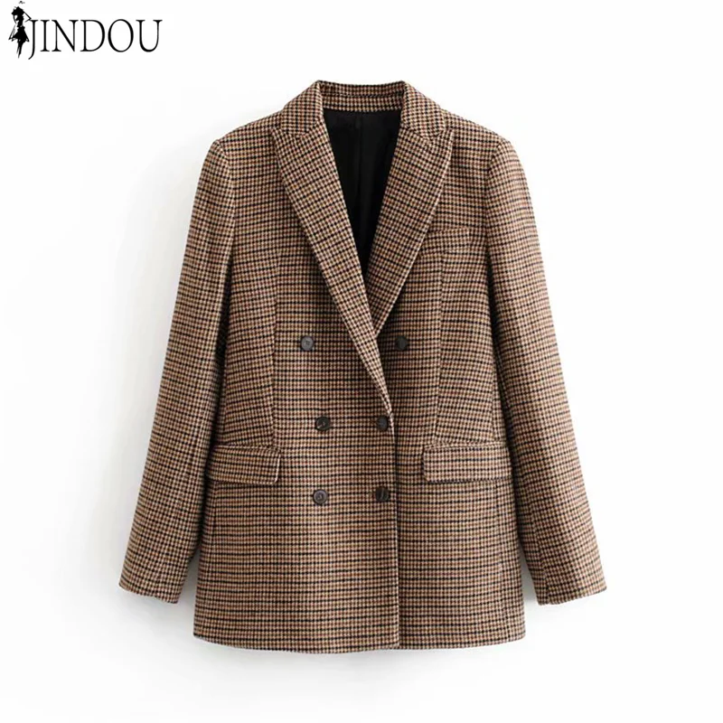 

Classic simple tartan plaid woolen suits double breasted women blazer