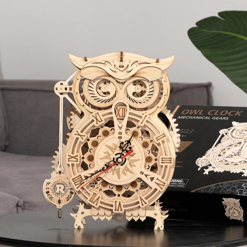 

Robotime Rokr 3d Wooden Puzzle Owl Clock DIY Mechanical Model Kits Toys For Adults