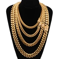 

Wholesale Fashion various size Stainless Steel Gold Plated Miami Cuban Link Chain Men's Jewelry Necklace with iced out clasp