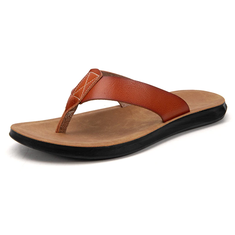 

2021 Summer New Men's Leather Flip Flops Brand Luxury Beach Black Fashion Casual Outdoor Brown Slippers Big Size Hot
