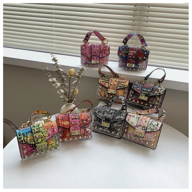 

Hot Selling PVC Transparent Jelly Bag Rivet Chain Snakeskin Pattern Crossbody Bag Graffiti Handbags For Ladies, 8 colors