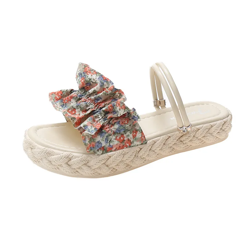 

2022 New Arrival Summer Party Outdoor Womens Large Size Shoes Lotus Leaf Floral Elegant Fashion Trend Women Casual Flat Slipper