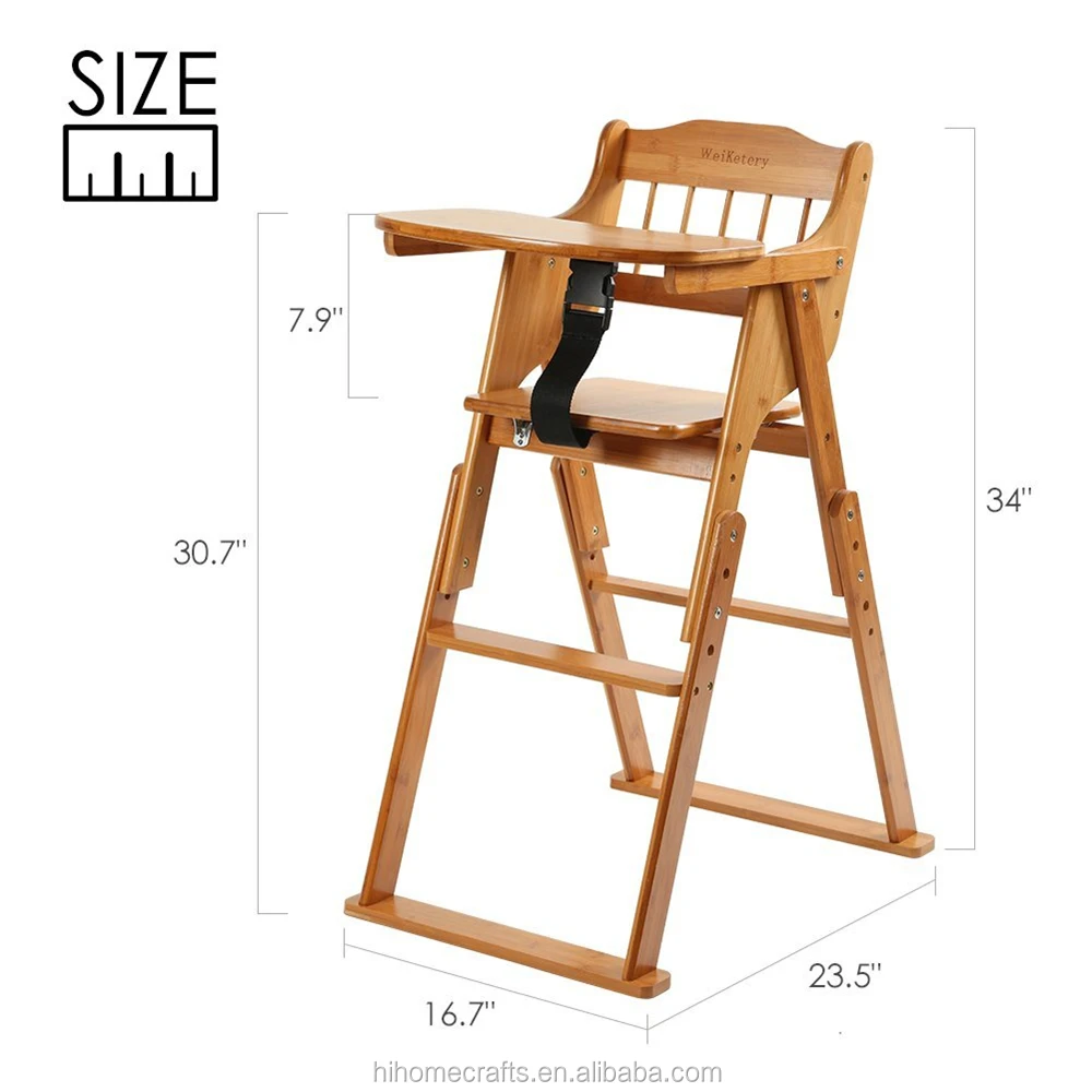 Wooden Folding Baby High Chair With Tray Adjustable Bamboo Height Chair