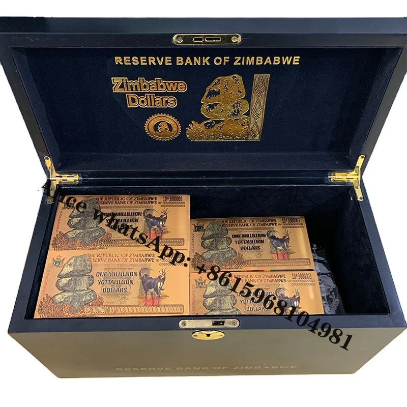 

1000 pcs/box Zimbabwe Banknote One Trillion/Millillion Yottalillion Dollar Gold Foil Banknote with 100pcs COA in wooden box