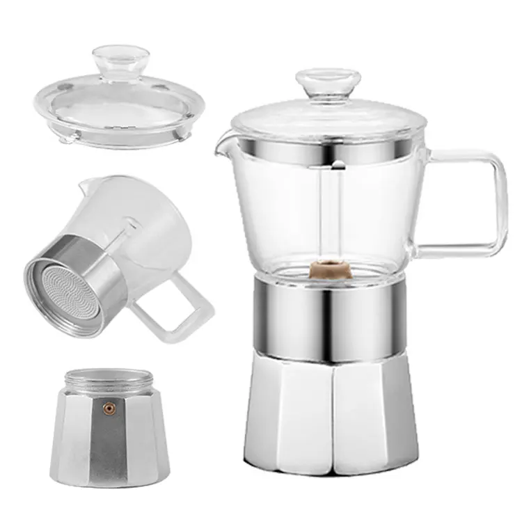 

Eco-friendly High Borosilicate Glass Moka Aluminium Stove Top Moka Coffee Maker