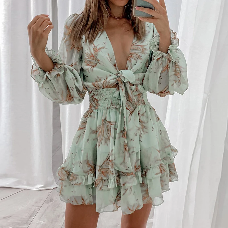 

2021 new sexy boho lace-up puff ruffle V-neck corset waist dress, Pink, green, blue