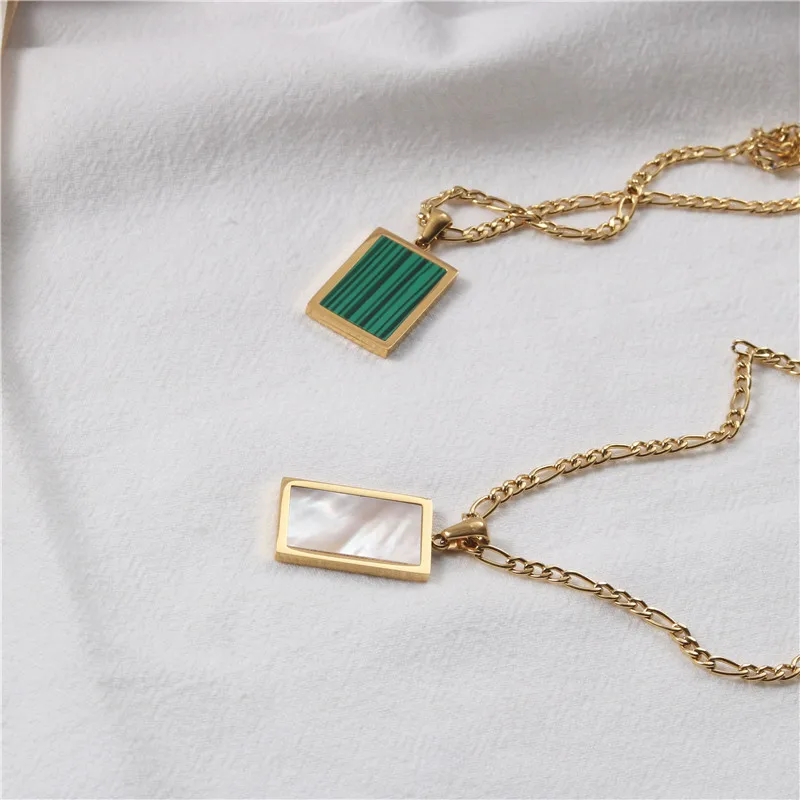 

Hot Selling Women's Jewelry 18K Gold Plated Stainless Steel Geometric Square Rectangle Turquoise Shell Pendant Necklaces, As picture