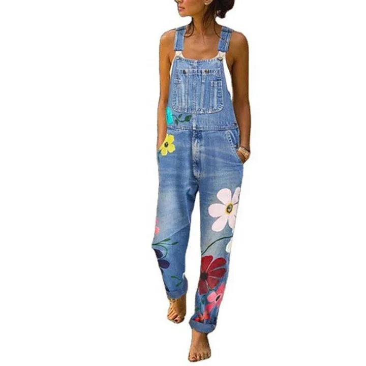 

Flower Printed Woman Jean Overall,Plus Size Pockets Denim Jeans Hot Trousers, Picture