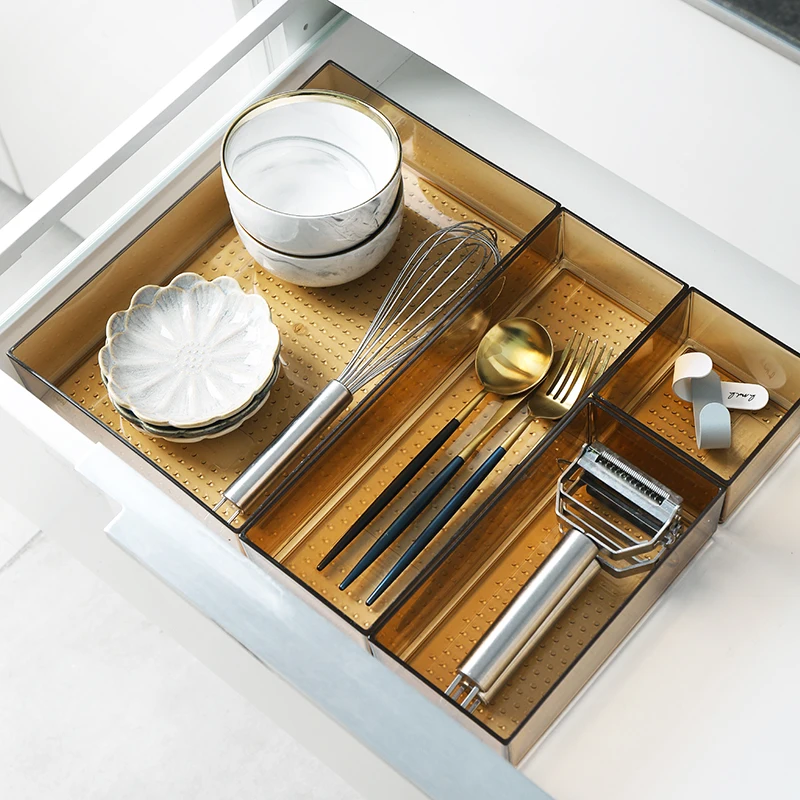 

Eco plastic divider box adjustable compartments drawer organizer set clear organizer bin for office crafting cosmetics kitchen, Clear, champagne