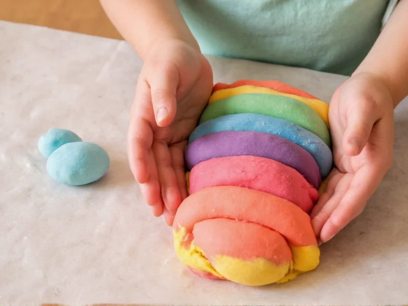 Child's hands kneading rainbow colored playdough