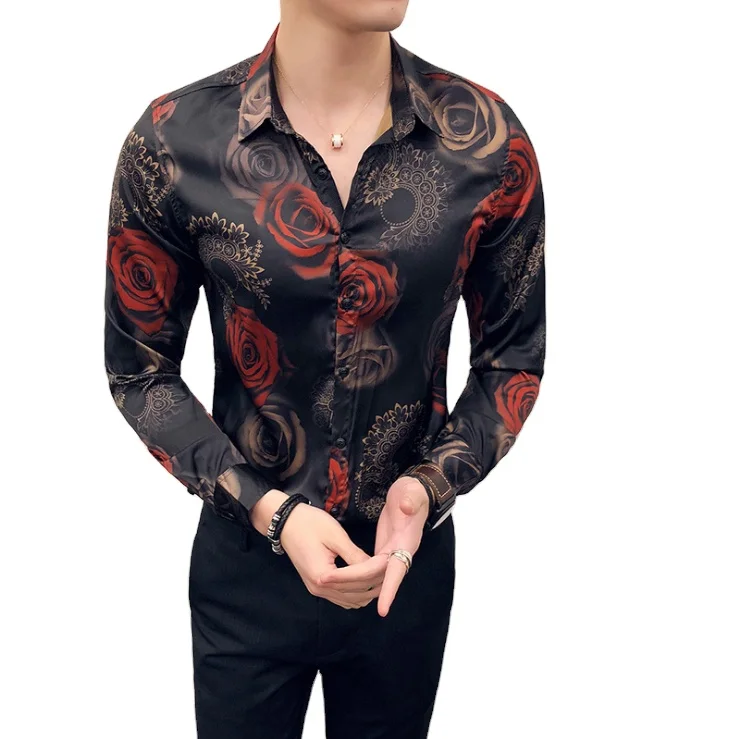 

Printed Shirts Men Social Club Sexy Slim Fit Long-sleeved Shirt