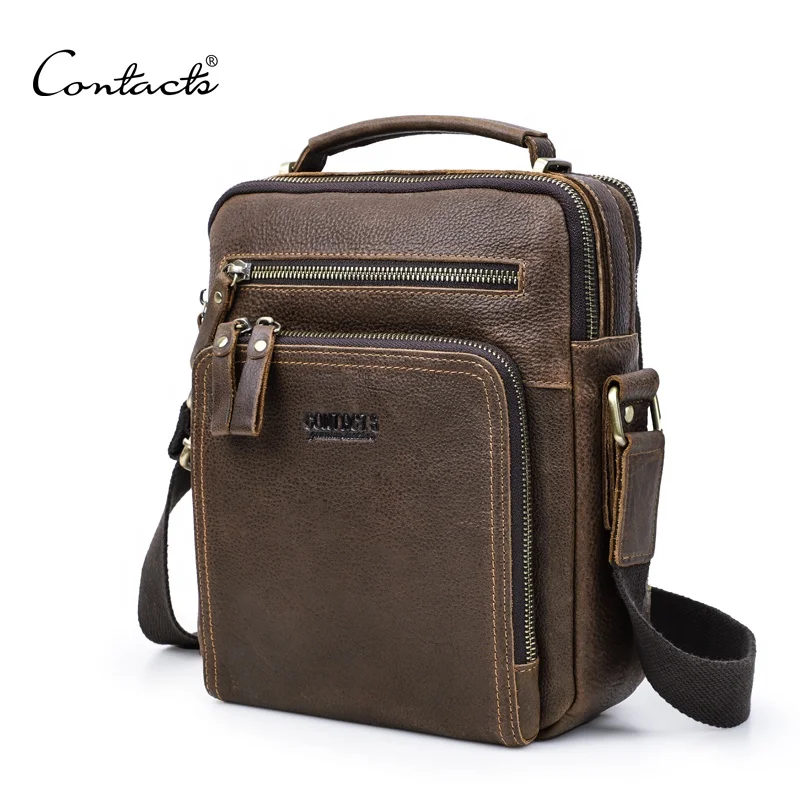 

contact's vintage crazy horse grain leather 10.9 inch Computer Interlayer anti-theft casual messenger sling bag, Coffee or customized color