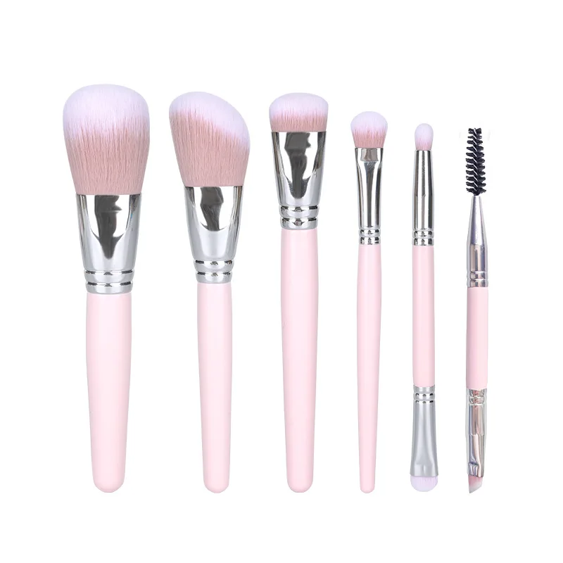 

6 lotus root Pink Mini Cosmetic Brush fiber hair thickened aluminum tube birch cosmetic cover brush in stock, As shown