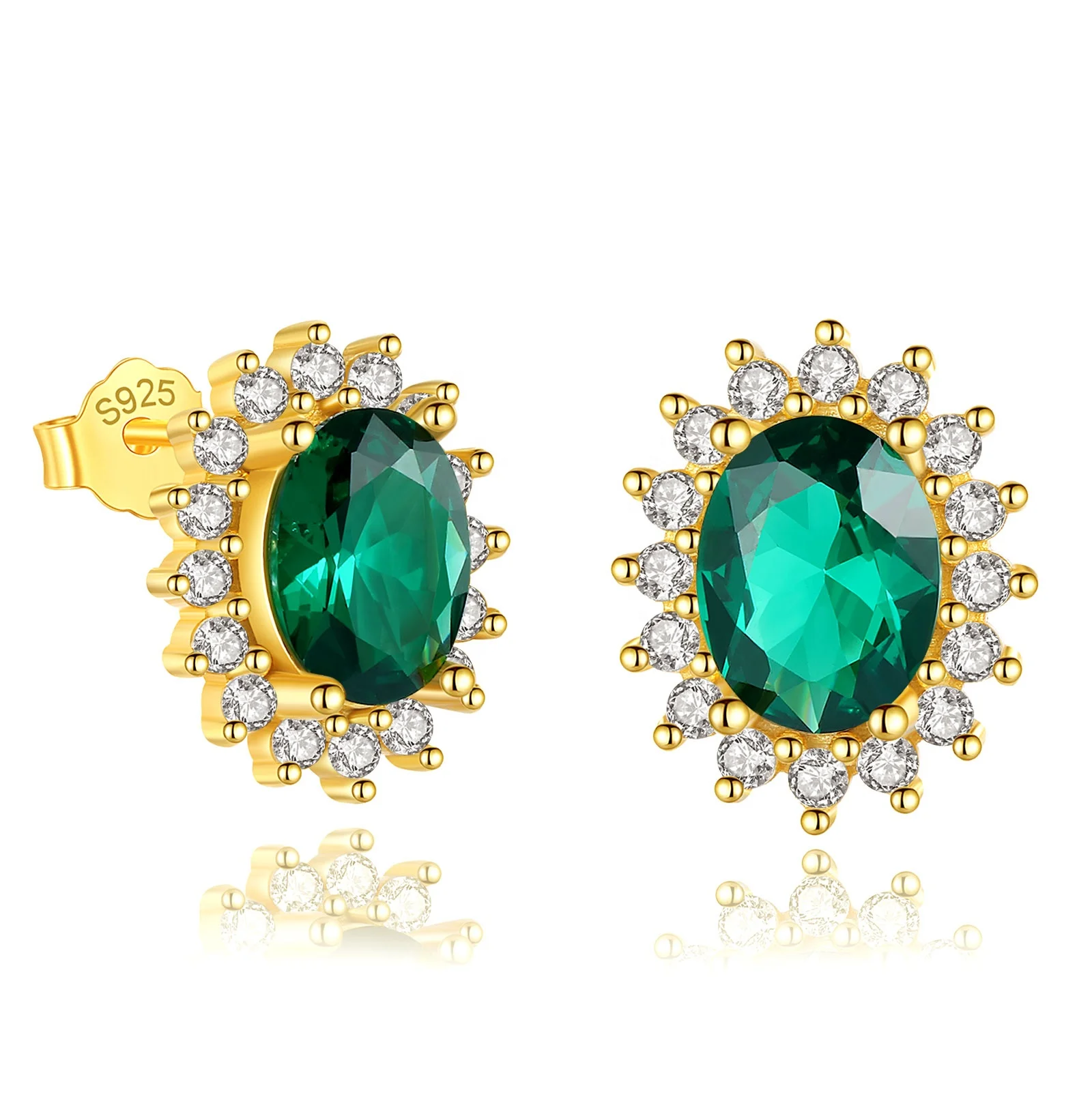

High End Jewelry Oval Emerald Green Gemstone Cubic Zirconia 925 Sterling Silver 18K Gold Plated Hypoallergenic Stud Earrings