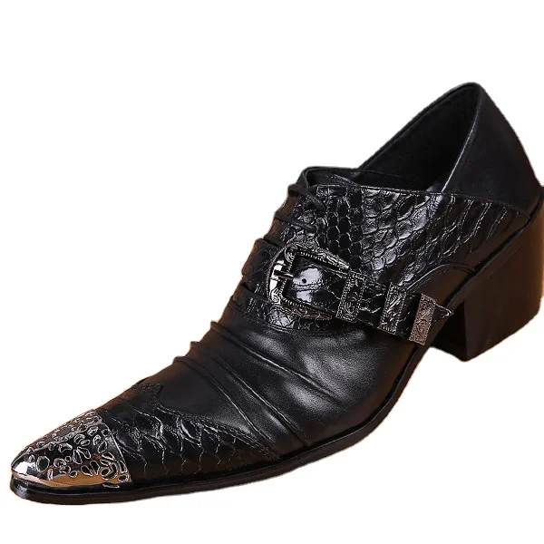 

Custom Image Trendy Barber Shoes Plus Size Black Genuine Leather Square Heel Pointed Toe Increase Men's Business Shoes