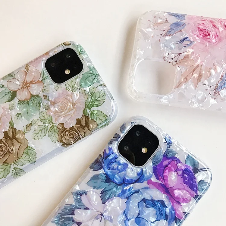 

Luxury Shell Texture Retro Flower Case For iPhone 12 Soft IMD Diamond Finger Ring holder Phone Back Cover For iPhone 12 Case, Multi