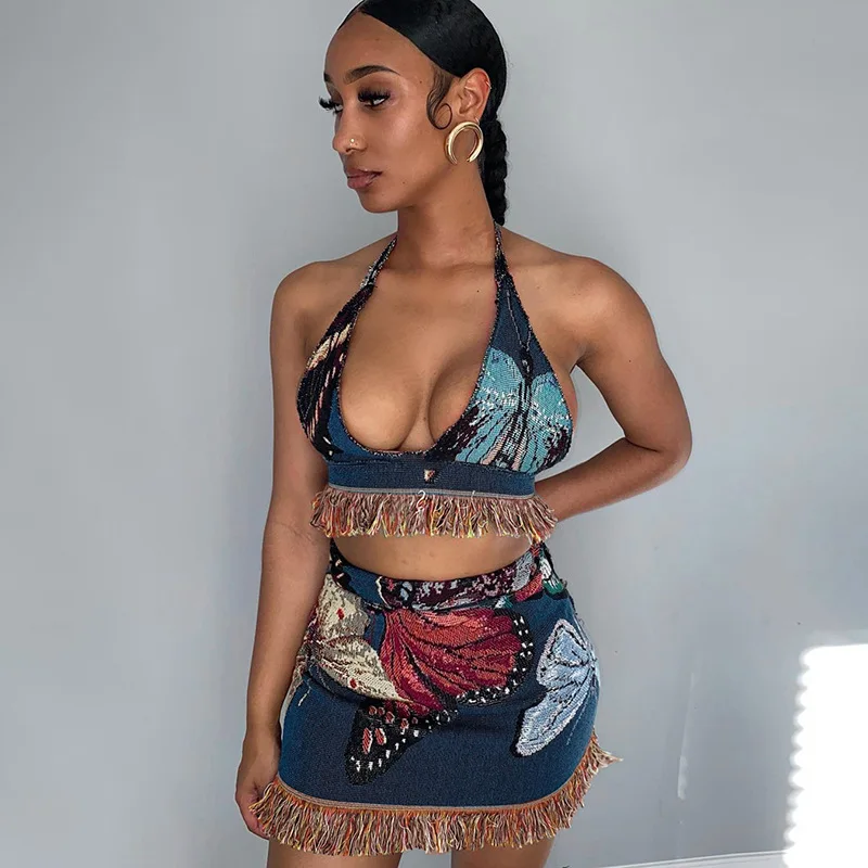 

Dropshipping Sexy Halter Short Skirt Suit Retro Style Strappy Hip Skirt Two Piece Set