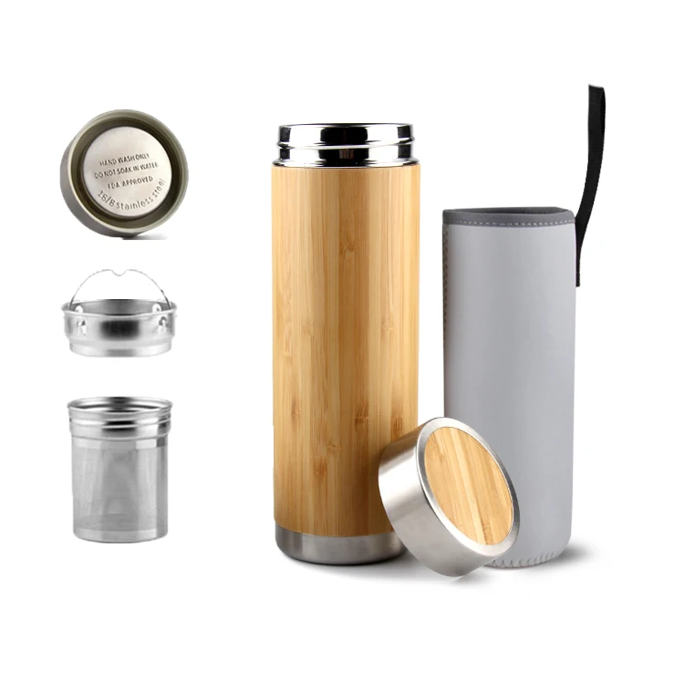 

Zogift Natural Bamboo vacuum bottle, Promotional stainless steel wood bamboo water bottle, 100% bamboo coffee tea tumbler, Bamboo color