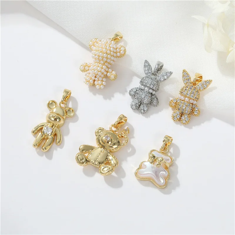 

RTS Wholesale 14K Gold Plate Cubic Zirconia Rabbit Charms Pearl Bear Pendant Micro Inlaid Necklace Accessories Making Jewelry