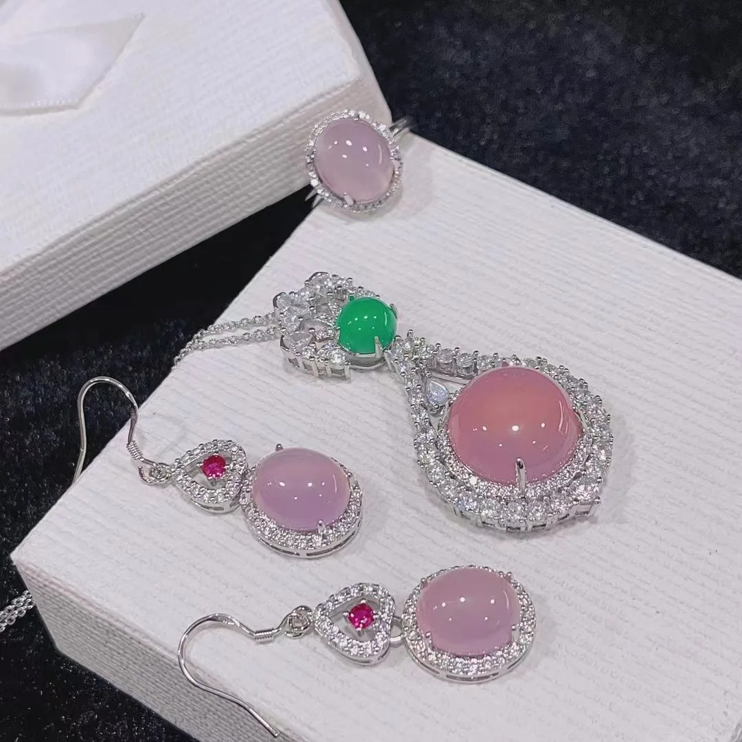 

Certified 925 Chalcedony Set Luxury Chalcedony Pendant Ring Stud Earrings Three-Piece Set Rose Chalcedony Jade Jewelry Gift