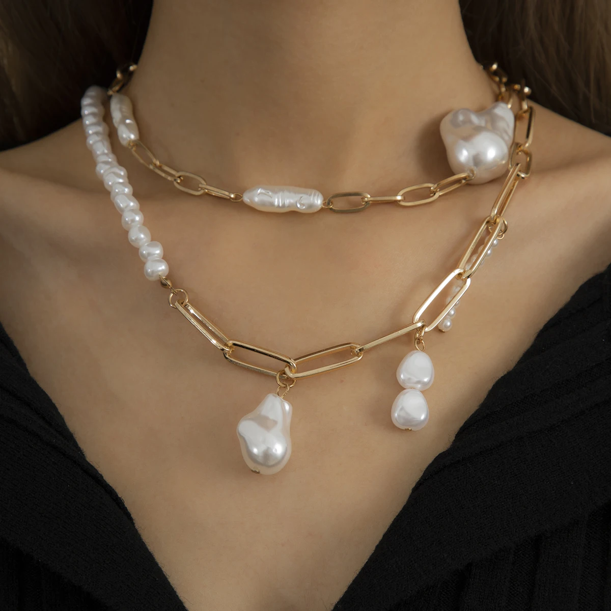 

SHIXIN Handmade Jewelry Baroque Nature Simulated White Pearl Necklace Double Iron Chain Beaded Jewelry Necklace for Women GIfts, Gold