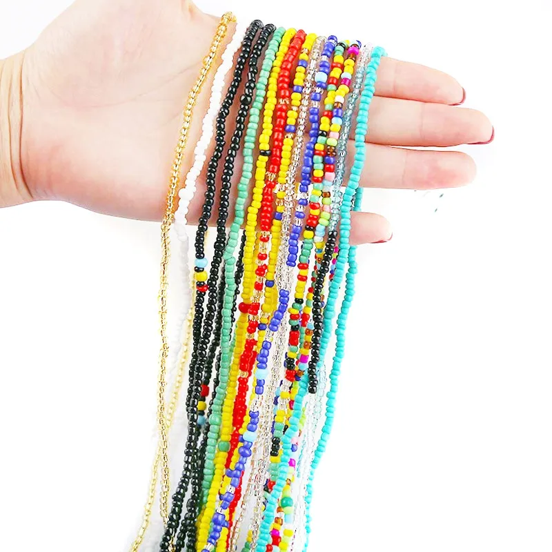 

Wholesale Summer Bikini Body Jewelry Colored Charm Glass Seed Beaded Bulk Women Belly Chain Ghana African Tie On Waist Beads, Multicolor