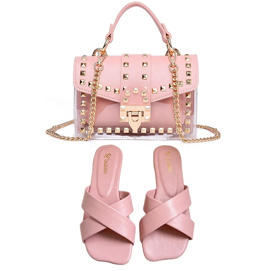 

2021 best selling fashion Ladies PVC Jelly Purse matching sandals Trendy flat slippers and Clear rivet messenger bag sets, 5 color available