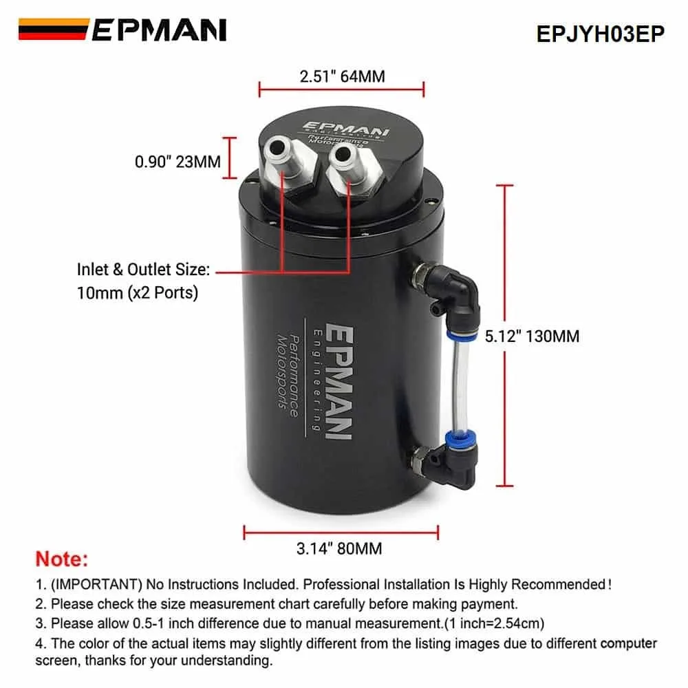 EPMAN EPJYH03EP oil catch can dimension drawing: 130mm height, 80mm diameter, 64mm top cap, 10mm inlet and outlet ports