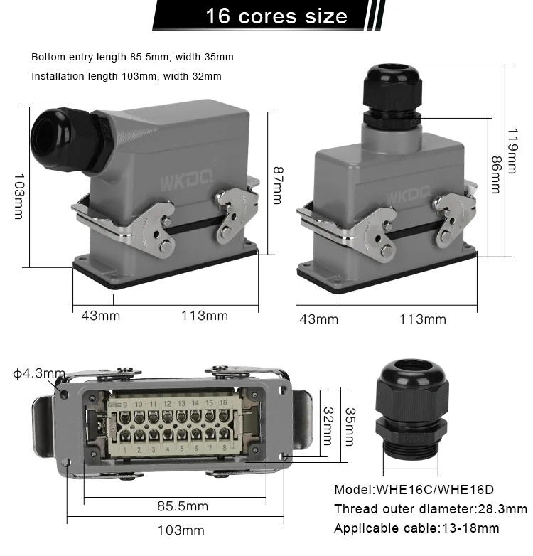 High Quality Side Outlet Hood Waterproof Industrial 16 Pins Heavy Duty Connectors