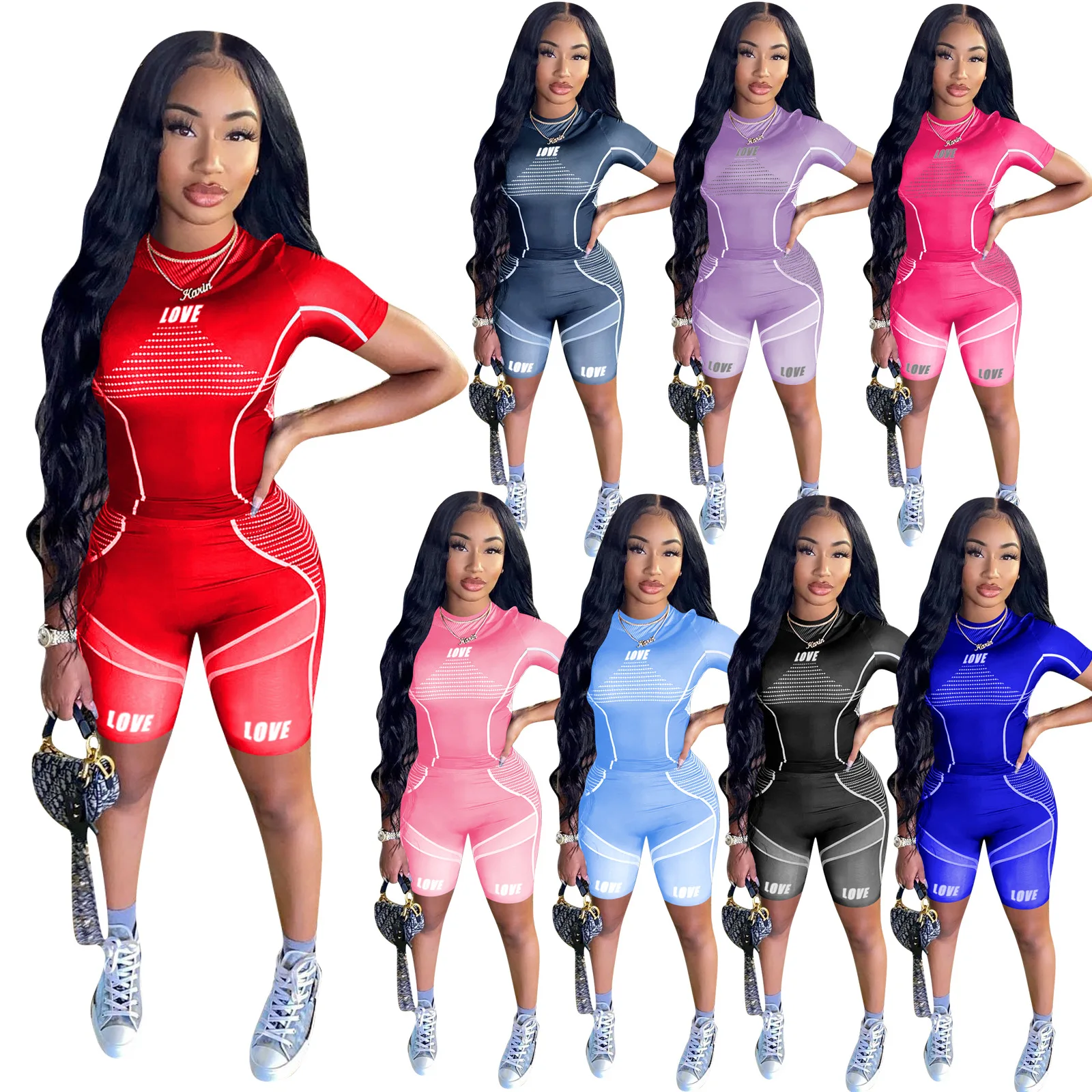 

Custom Logo 2021 Latest Design Summer 2 Piece Biker Shorts Set Women, 8 colors