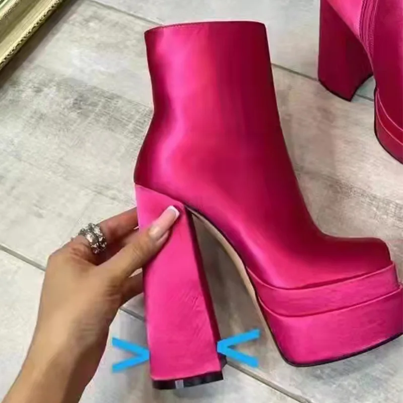 

2022 Roman winter chunky heels platform platform women's tredning ankle boots satin sexy shoes, Multicolour