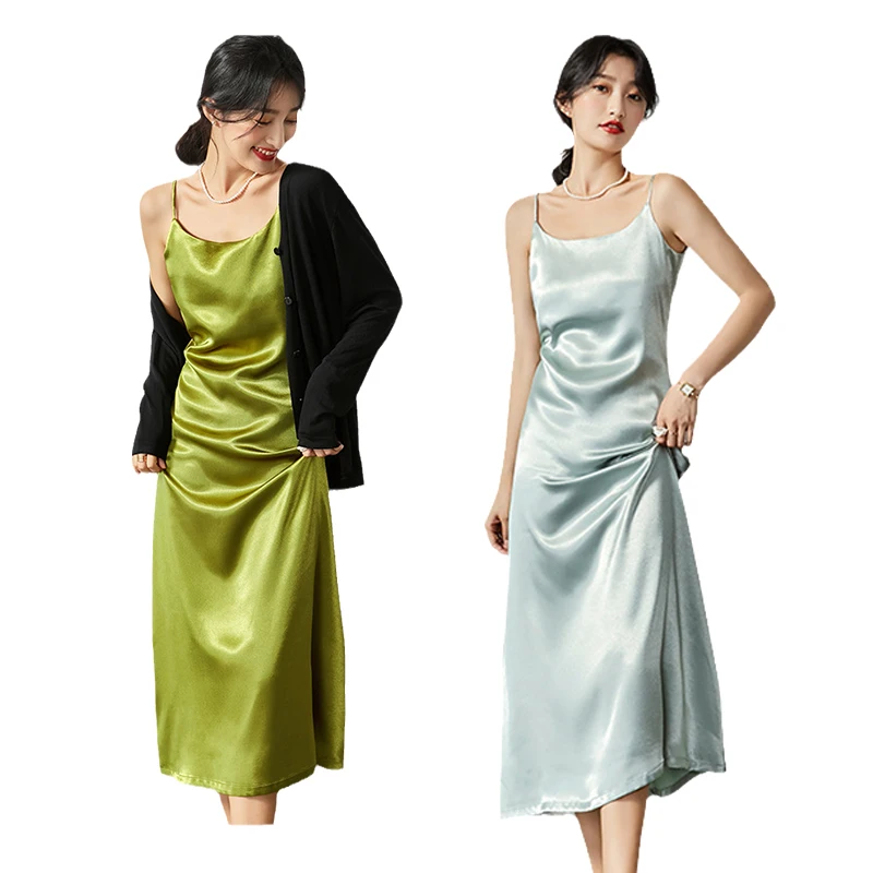 

Acetic acid dress satin bottom slim European station in the long luxury summer ladies light silk halter skirt show thin, Green/black/golden/light green