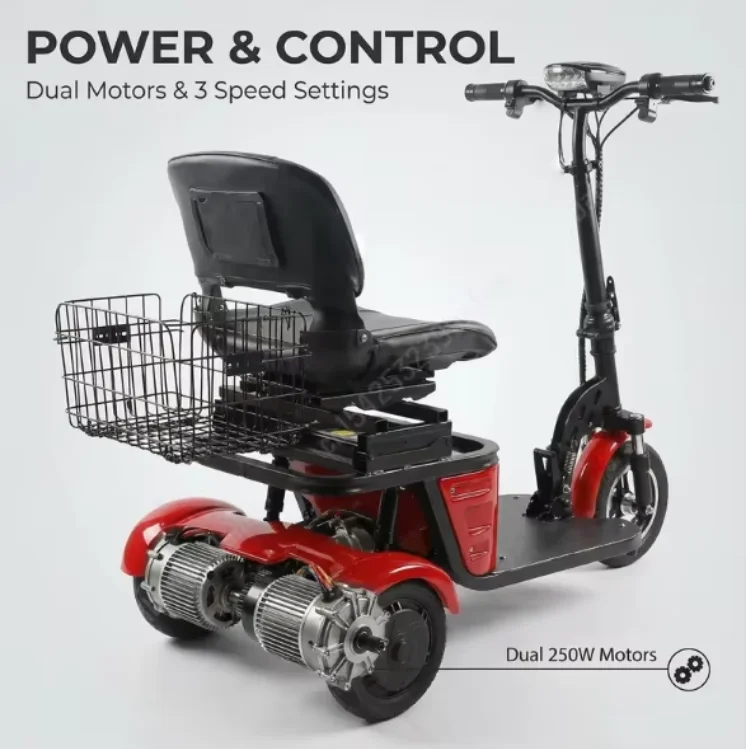 250W*2 36V Lightweight Foldable Mobility Scooter Electric Tricycle for Elderly Removable Battery Dual Motor 35-40km Range