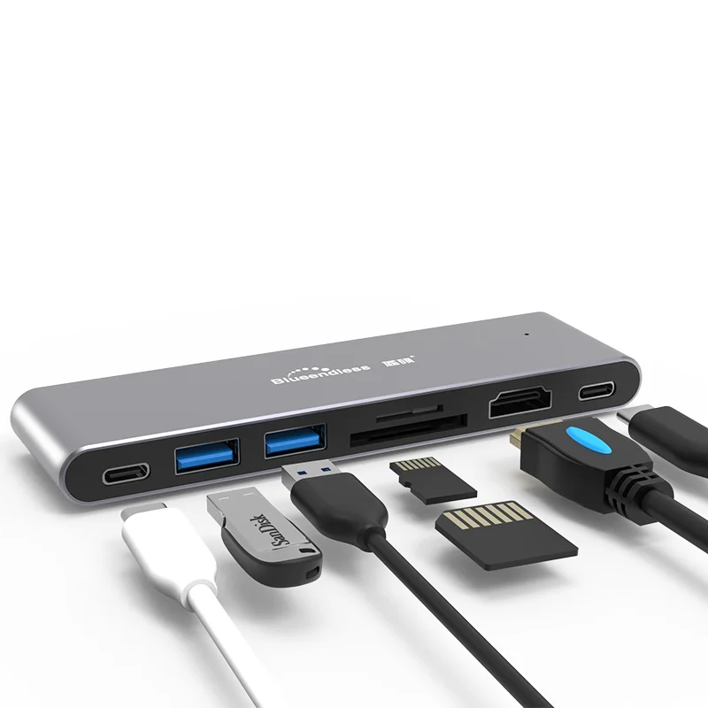 

7 in 1 hub BS-HC702 ODM OEM 7 In 1 usb c hub to 4K HDTV SD TF Card Reader Type C usb hub 7 in 1 Compatible for MP PC Laptop, Gray