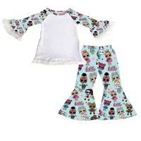 

new custom design girls bell bottom outfit lol doll printed baby kids clothing set boutique ruffle children clothes set