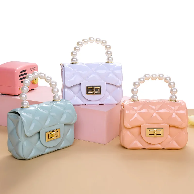 

High Quality Wholesale New Product Pvc Mini Jelly Bag Rhombic Pearl Children Cute Purse Chain Handbag For Girls