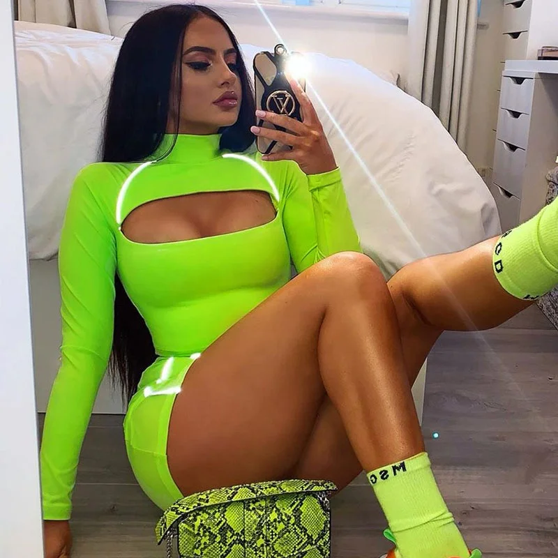 

96140 Fashion sexy Reflective line fashion dress suit fluorescent long sleeve hollowed out Skirt Set club dresses, As picture or customized make