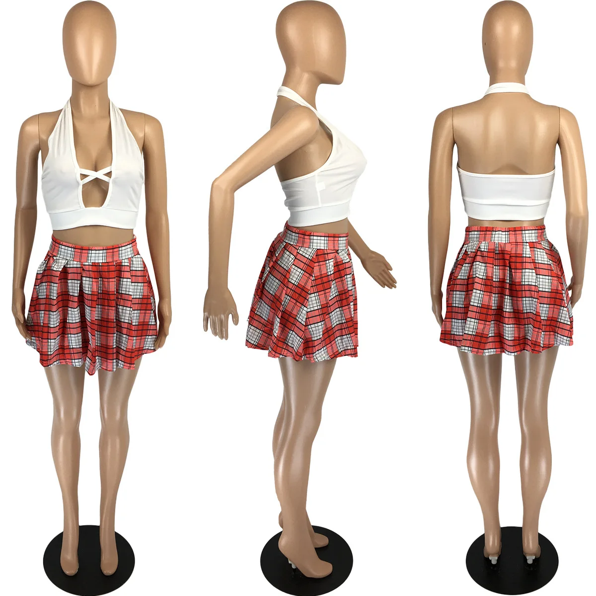 

New Pleated Mini Skirt Summer Short Solid Color High Waisted Sexy Two Piece Skirt Set