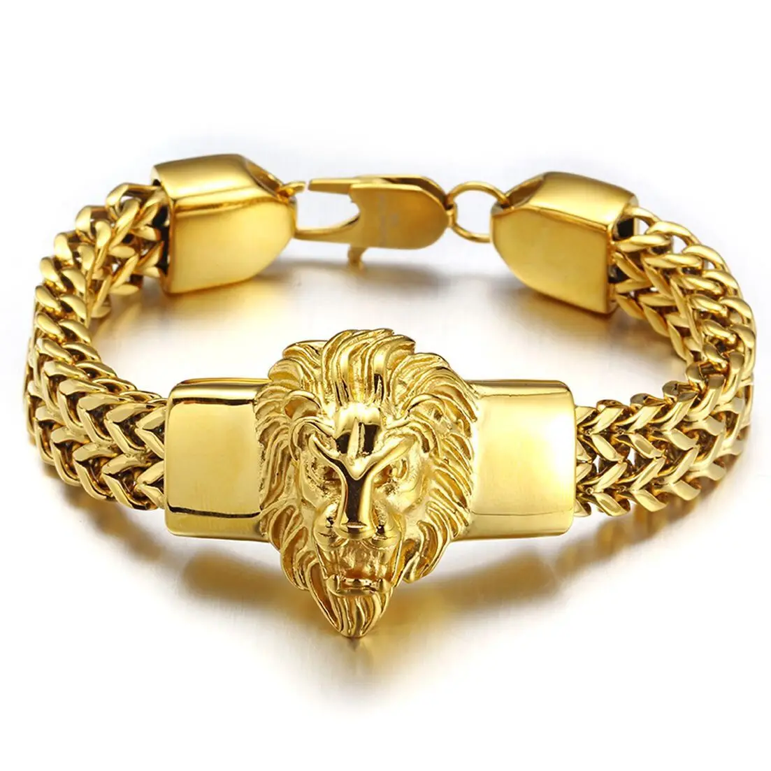 

Amazon Hot selling Double Chain Lion Head 18k Gold Stainless Steel heavy Chunky franco chain Cuban Link Bracelet
