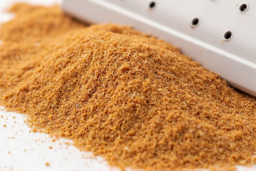 Close-up of freshly grated nutmeg showing the fine texture and warm brown color against a white grater