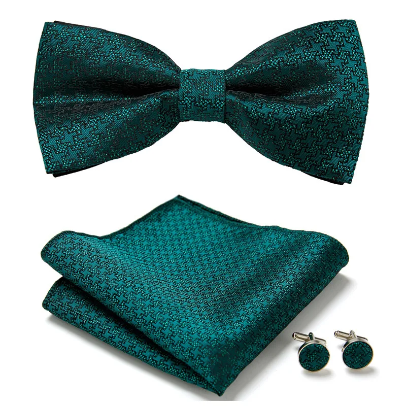 

Handmade Wholesale Mens Green Bow Tie Pocket Square Set With Cufflinks Bowtie Handkerchief For Men