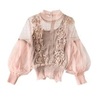 

High quality women fashion embroidered lace transparent puff sleeve blouse tops