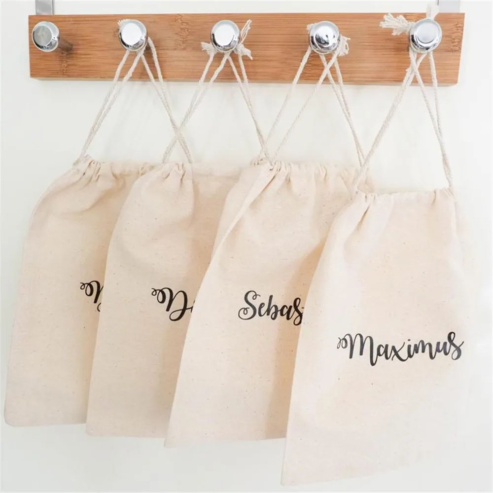 

Personalised Favour Bags with Calligraphy Font Cotton Drawstring Pouch Custom Named Gift Bags, Customized color