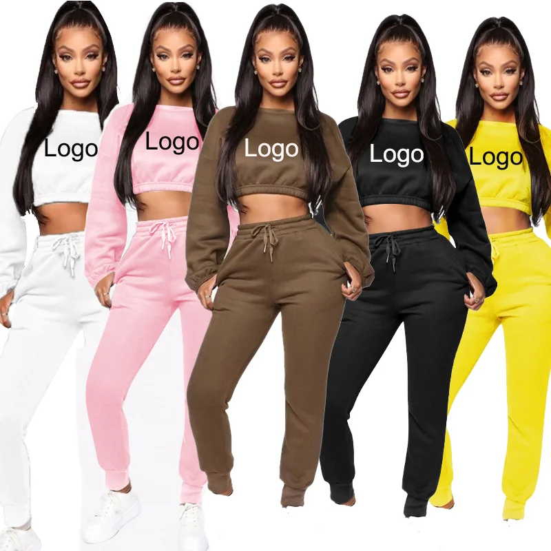 

High Quality Solid Color Two Piece Sport Set Women Long Sleeve Thick Sweatshirt Crop Tops, As pictures