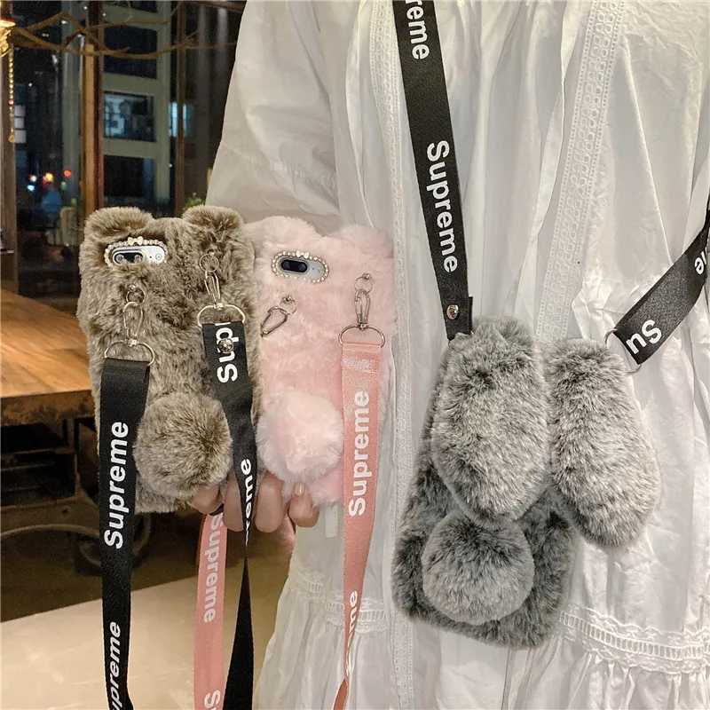 

Hairy Phone Case for iPhone 11 12 Pro Max Mini 7 8 Plus X XS Max Cute Rabbit Sling Crossbody Soft Back Cover