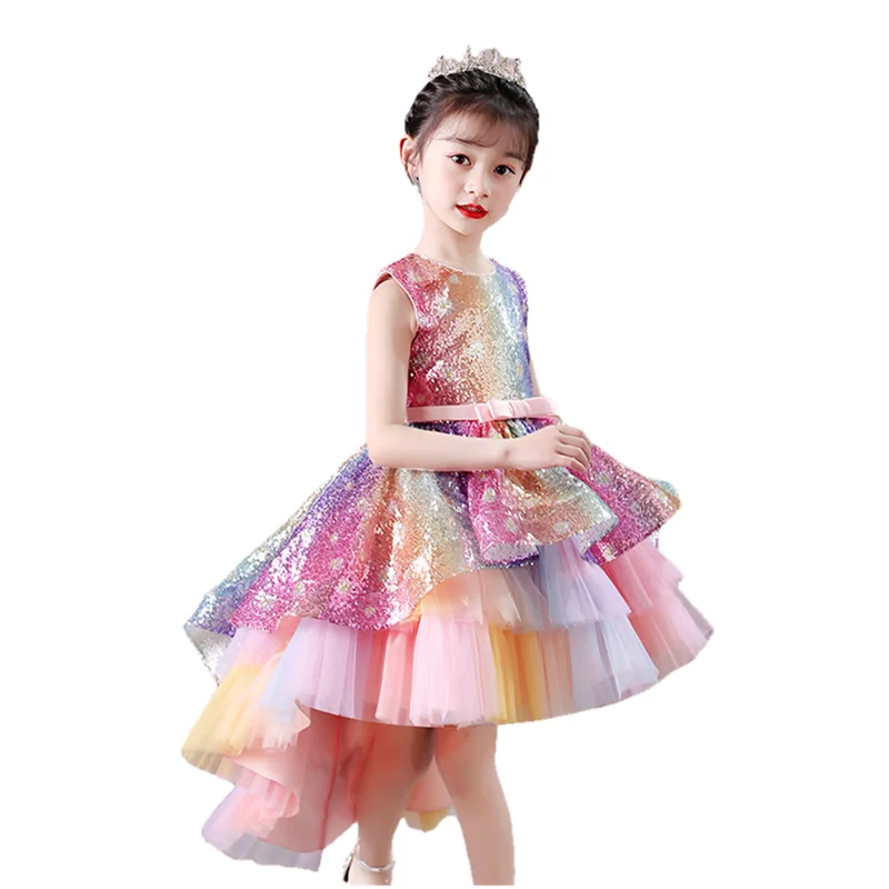 

Hot sale sleeveless O-neck sequined kids party trailing dress Princess Flower Girl Dresses