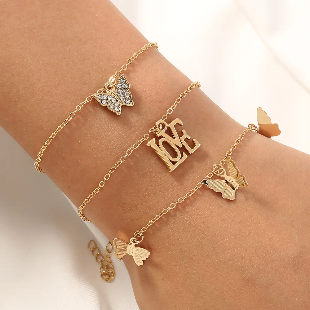 

fashion multilayer bracelet alloy diamond letter love bracelet butterfly charm bracelet